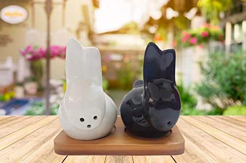 Ceramic Bunny Rabbit Salt and Pepper Shaker Set with Bamboo Tray, Seasoning pots Cruet Spice Set, Wedding Gifts Condiment containers