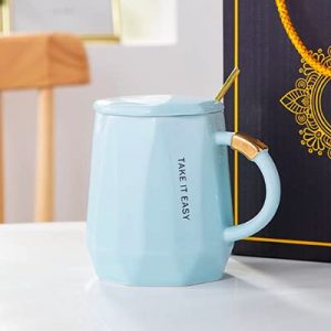 Coffee Tea Ceramic Mug Cup with Spoon and lid, 1 Piece, 400ml (Blue)