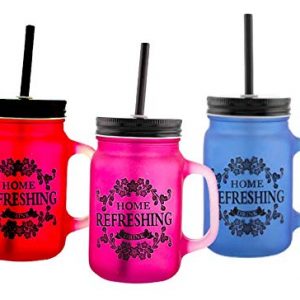 Glass Color Mason Jar Sipper with Lid & Straw (Set of 3pcs) (500ML Each)