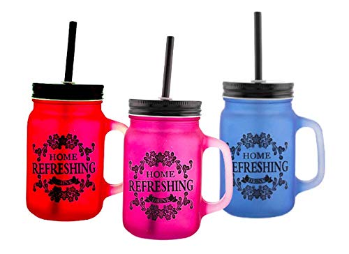 Glass Color Mason Jar Sipper with Lid & Straw (Set of 3pcs) (500ML Each)