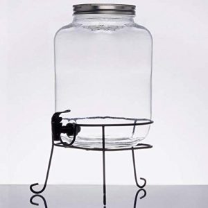 Mason Jar Beverage Drink Dispenser 4 litres Glass Jug Pitcher with Steel Plated tap/Spigot, Steel lid and Metal Stand