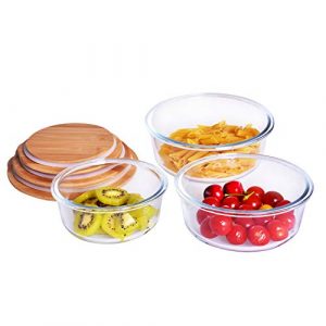 Set of 3, Round Glass Food Storage Containers / lunch box with Bamboo Lids