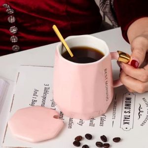 Coffee Tea Ceramic Mug Cup with Spoon and lid, 1 Piece, 400ml (Pink)