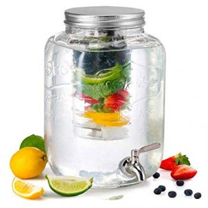 Glass Drink Dispenser with Fruit and Ice Infuser, Metal Stand, Chalkboard and Stainless Steel Spigot, 5 L
