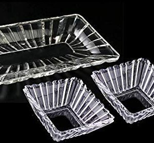 Rectangular Strip Design Crystal Glass Serving Dinner Tray with Condiment Dishes Set- 3 Pieces (1- Platter; 2 Bowl, Clear)