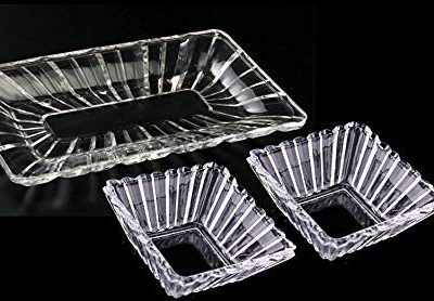 Rectangular Strip Design Crystal Glass Serving Dinner Tray with Condiment Dishes Set- 3 Pieces (1- Platter; 2 Bowl, Clear)