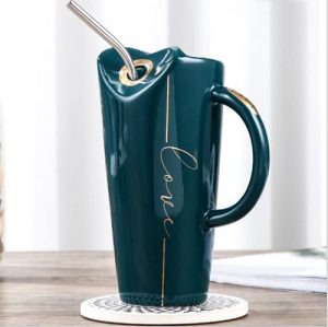 Love Coffee Tea Water Milk Juice Ceramic Long Mug Cup with Sipper, 1 Piece, 480ml (Green)