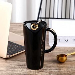 Love Coffee Tea Water Milk Juice Ceramic Long Mug Cup with Sipper, 1 Piece, 480ml (Black)