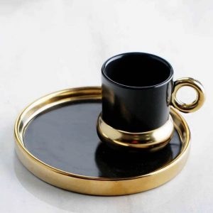 Breakfast Snacks Coffee Mocha Cup and Saucer Set of 4, Tea Ceramic Mug with Snacks Plate (Black) (2 Cups, 2 Saucer Tray)