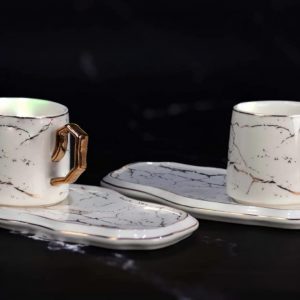 Marble Finish Porcelain Cup Mug Set with Porcelain Oblong Saucer Plate Set of 4 (2 Pieces Cups with 2 Pieces Saucer)