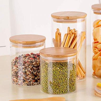 Piece Cylindrical Shape Airtight Glass Candy Jar Pot Storage Container with Bamboo Wooden Lid and Silicone Sealing Ring, 685ml,1050ml, 1400ml