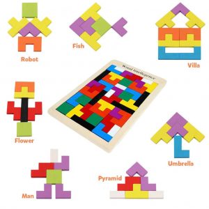 Wooden Russian Tetris Puzzle Board, Colorful Brainteaser Toy for Kids
