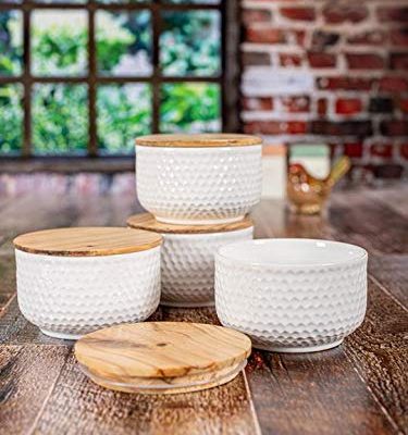 Porcelain Mixing/Storage/Serving Bowl Set of 4 Pieces with Wooden Lid