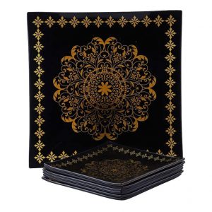 Square Tempered Glass Decorative 6 Small Serving Plates with 1 Large Platter (Black and Gold) -Set of 7