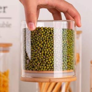 Cylindrical Shape Airtight Glass Candy Jar Pot Storage Container with Bamboo Wooden Lid and Silicone Sealing Ring, 685ml, (Size: 10.8 * 9.8CM)