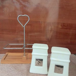 Pepper Set for Dining Table & Kitchen Ceramic Salt and Pepper Shakers Set Dispenser Set with Wooden Tray with Heart Shaped Metal Handle (White)