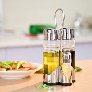 Glass Oil/Vinegar Salt/Pepper Cruet Condiment Jar Bottle Set with Metal Stand – Set of 5