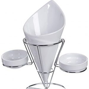 Multi-purpose Ceramic IMPORTED French Fries along with 3 Dip Sauce bowls holder rack with Stainless Steel Stand