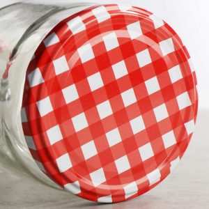 Round Shaped Dry Fruit Storage Glass Jar Container with Multicolor Air Tight Leak Proof Checkered Metal Lid Glass Jar 250ML Pack of (6 pcs.)