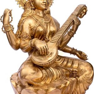 Brass Large Goddess Saraswati on Lotus Statue, Height 52″
