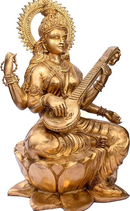 Brass Large Goddess Saraswati on Lotus Statue, Height 52″
