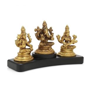 Brass Lakshmi Ganesha Saraswati Sitting Statue