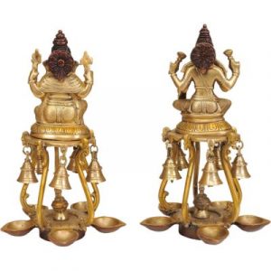 Brass Ganesha Lakshmi Idol with Lamp and Bells – Golden Finish Height 9.5 inches