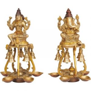 Brass Ganesha Lakshmi Idol with Lamp and Bells