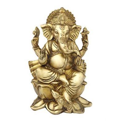 Brass Ganesha Sitting on Lotus Flower Base Statue