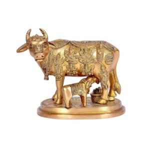Brass Kamadhenu Cow with Calf Statue 5 Inch
