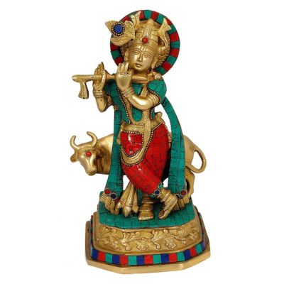 Brass Krishna Statue with Flute and Cow