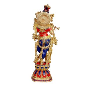Turquoise Handwork 29 Inches Brass Large Flute Radha Krishna Statue Idol