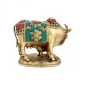 Brass Multicolor Lucky Kamdhenu Cow with Calf Figurine