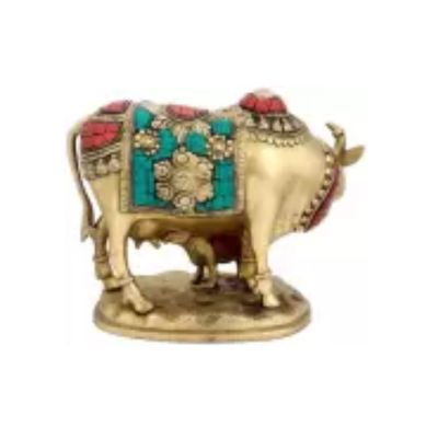 Brass Multicolor Lucky Kamdhenu Cow with Calf Figurine