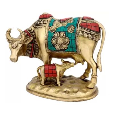 Brass Multicolor Lucky Kamdhenu Cow with Calf