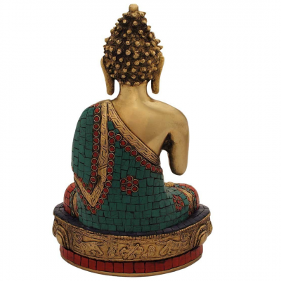 Buddha Idol – Seated on Stone – Debating Buddha – Turquoise Coral Color – 12″