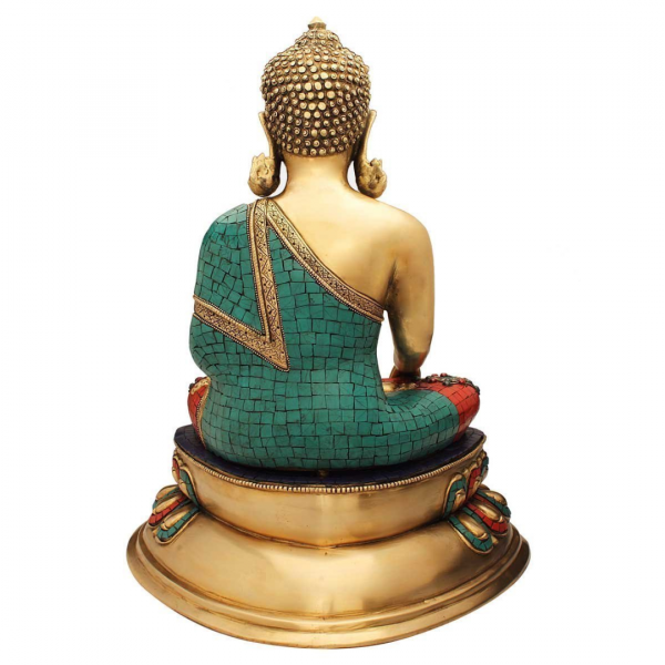 Buddha Idol – Mudra Pose – Stone Base – Brass Idol – Turquoise Coral Color- 22″ | Home Decor