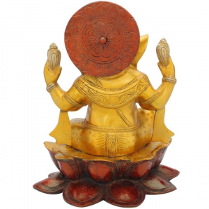 Ganesh Statue – Brass Idol – Yellow Color- Antique Decor – Lotus Pose – 12 Inches