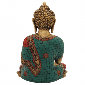 Seated Buddha Idol – Holding a Bowl -Turquoise Coral Color – Home Decor – 12″