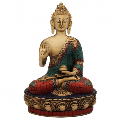 Buddha Idol - Seated on Stone - Debating Buddha - Turquoise Coral Color - 12"