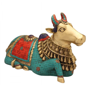 Nandi Idol – Bull Pose – Turquoise Coral Color – Brass Idol – Home Decor – 12″