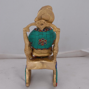Brass Turbaned Ganesha Ganesh Murti Idol Statue Reading Book Sitting on Chair Height 7.75 Inches