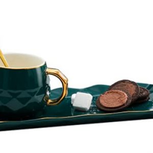 Gold-Painted Green Ceramic Mug with Spoon and Snack Tray