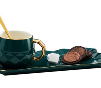 Gold-Painted Green Ceramic Mug with Spoon and Snack Tray