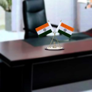 National Flag Stand for Indian National Table Flags with A Shiny 18K Gold-Plated Brass Emblem of India (Ashok Stambh) Home Table, Office Desk Height 12 Inch