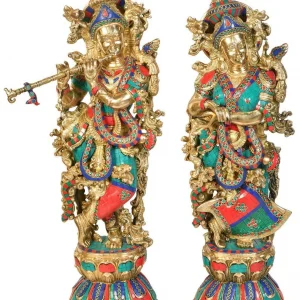 Radha Krishna Stone Work Brass Statue