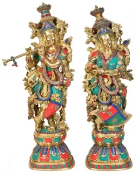 Radha Krishna Stone Work Brass Statue