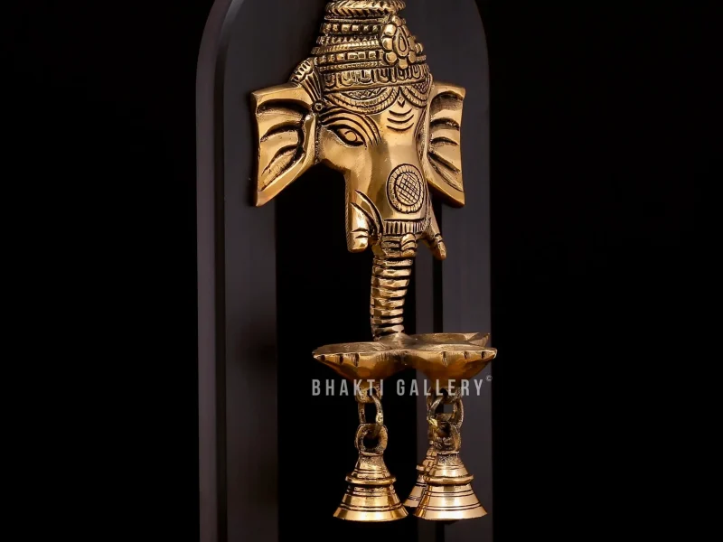 Ganesha Ganesh Murti Idol Statue on Wooden Stand with Lamps and Bells Height 11.7 Inches