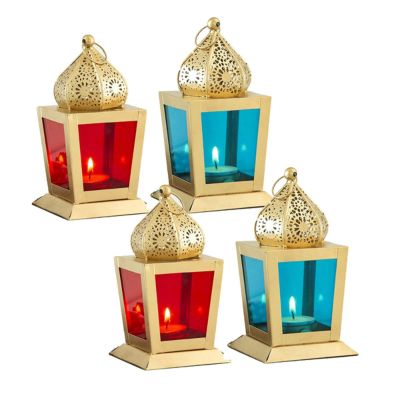 Antique Decorative Sweetheart Square Hanging Lantern Lamp with T-light Candle Holder (Red with Sky Blue Color, Set of 6)
