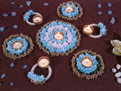 Blue & White Rangoli artificial Flowers Tealight  Holders Rangoli Mats